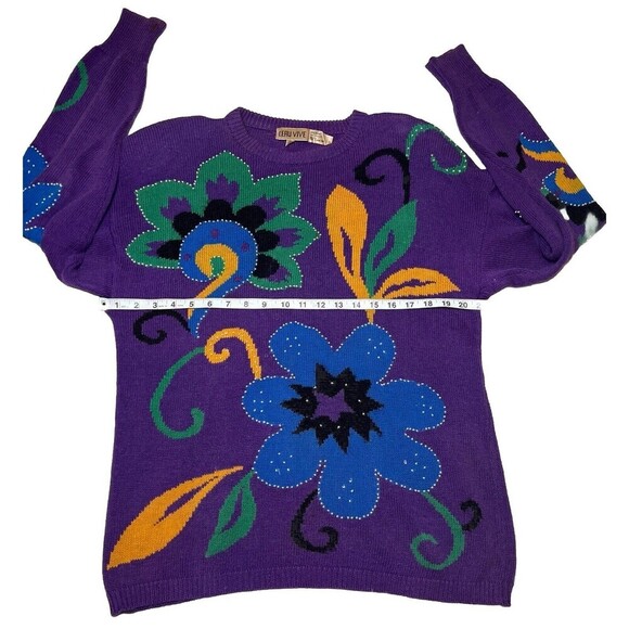 80's Vtg Crew Neck Sweater Colorful Floral Embroidery & Bead Embellished Women M - Picture 5 of 8